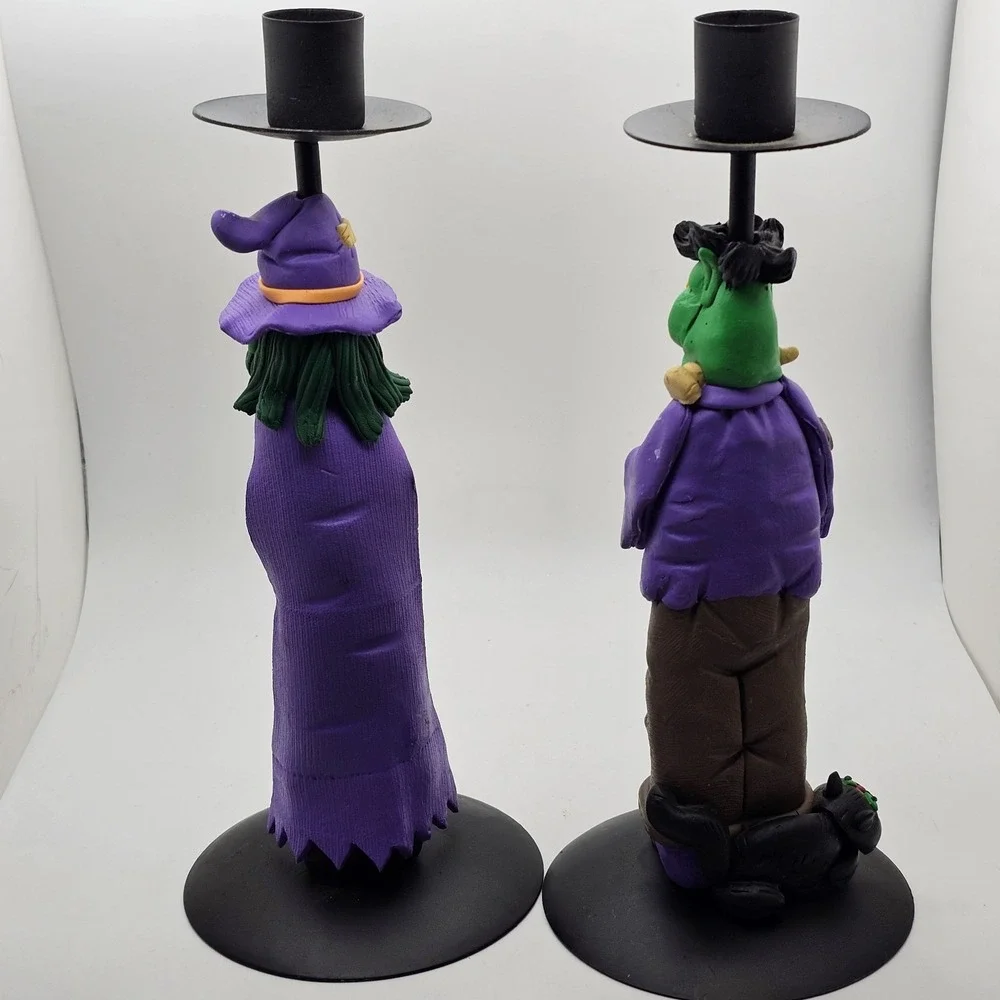 Halloween Candlestick Holders Witch & Frankenstein Polymer Clay 9.0